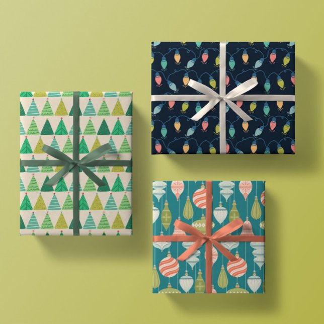 Retro Christmas Trees, Holiday Lights, Ornaments Wrapping Paper Sheet (Creator Uploaded)