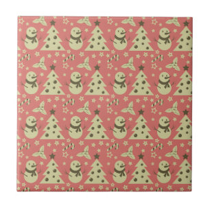 Retro Christmas trees holly berry star candy cane  Ceramic Tile