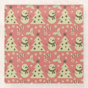 Retro Christmas trees holly berry star candy cane  Glass Coaster