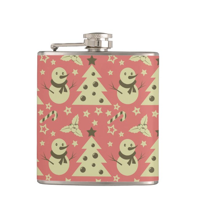 Retro Christmas trees holly berry star candy cane  Hip Flask (Front)