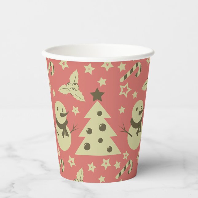 Retro Christmas trees holly berry star candy cane  Paper Cups (Front)