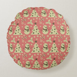 Retro Christmas trees holly berry star candy cane Round Cushion