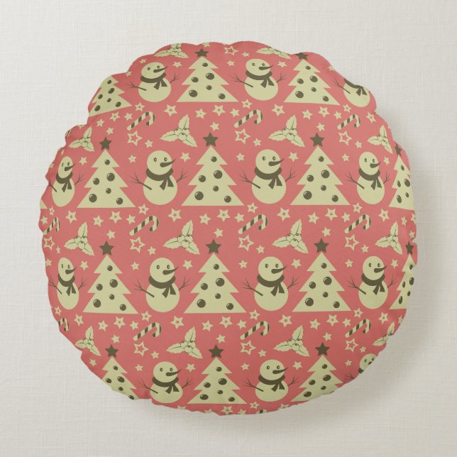 Retro Christmas trees holly berry star candy cane  Round Cushion (Front)