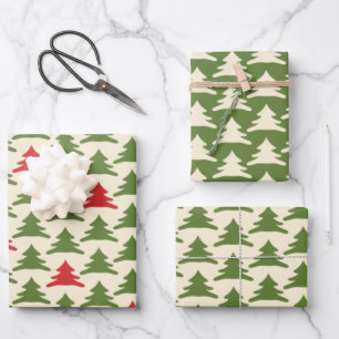 Retro Christmas Trees in Olive Green Red Cream Wrapping Paper Sheet