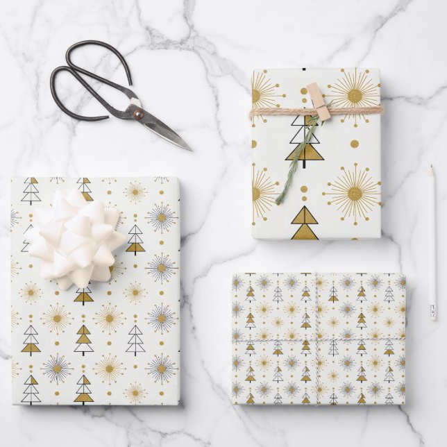 “Retro Christmas Trees | Mid Century Modern Wrapping Paper Sheet (Front)