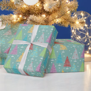Retro Christmas Trees Teal Christmas Wrapping Paper