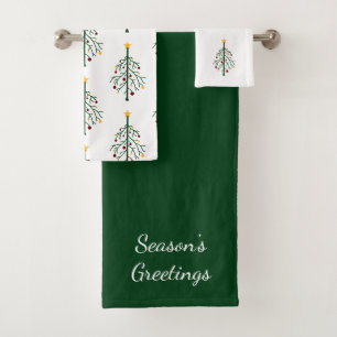 Retro Christmas Trees Whimsical Green White  Bath Towel Set