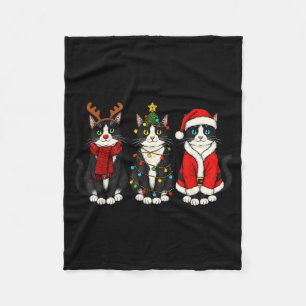 Retro Christmas Tuxedo Cat Santa Reindeer  Fleece Blanket