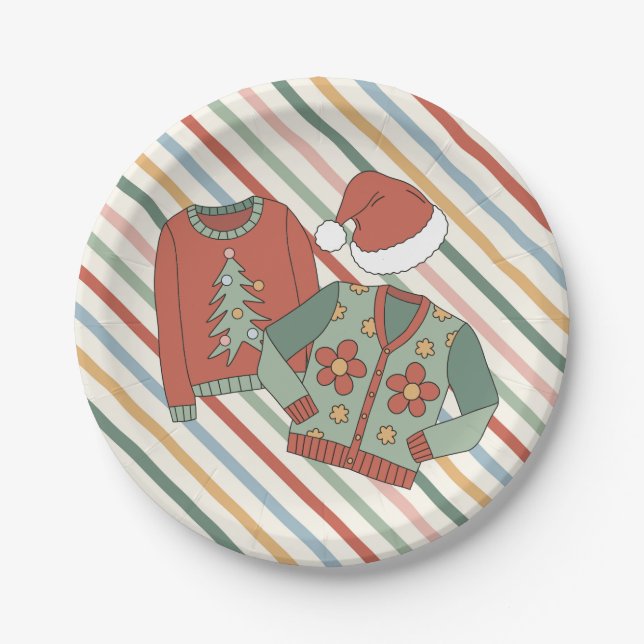Retro Christmas Ugly Sweater Party Paper Plates (Front)
