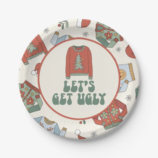 Retro Christmas Ugly Sweater Party Paper Plates (Front)