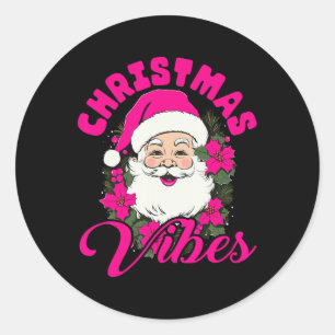 Retro Christmas Vibes Pink Santa Claus Fun Xmas Wo Classic Round Sticker