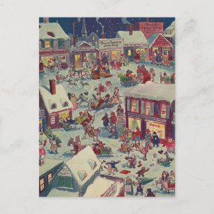 Retro Christmas Village Chaos Holiday Postcard