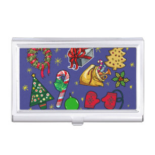 Retro Christmas Vintage Colourful Blue Red Green Business Card Holder