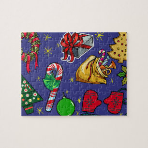 Retro Christmas Vintage Colourful Blue Red Green Jigsaw Puzzle