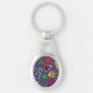 Retro Christmas Vintage Colourful Blue Red Green Key Ring
