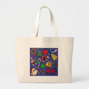 Retro Christmas Vintage Colourful Blue Red Green Large Tote Bag