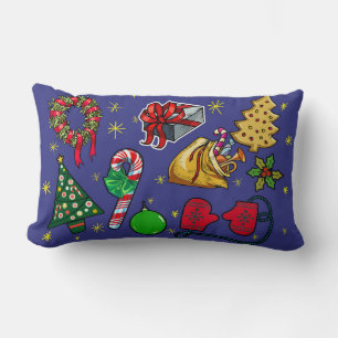 Retro Christmas Vintage Colourful Blue Red Green Lumbar Cushion
