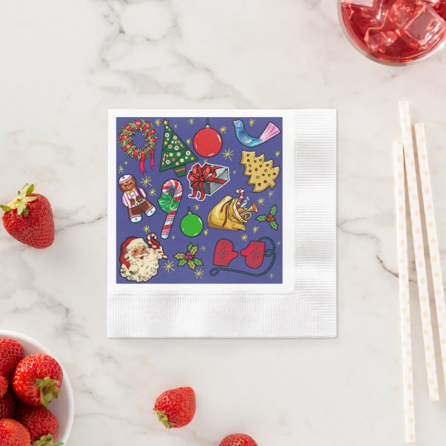 Retro Christmas Vintage Colourful Blue Red Green Napkin (Insitu)