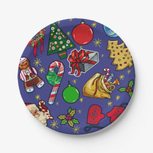 Retro Christmas Vintage Colourful Blue Red Green Paper Plate