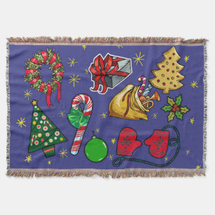 Retro Christmas Vintage Colourful Blue Red Green Throw Blanket