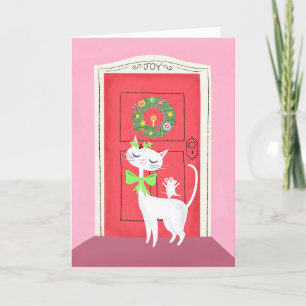  Retro Christmas White Cat and Mouse Holiday Card