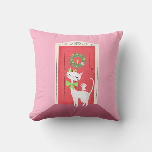 Retro Christmas White Cat and Mouse | Throw Pillow (Front)