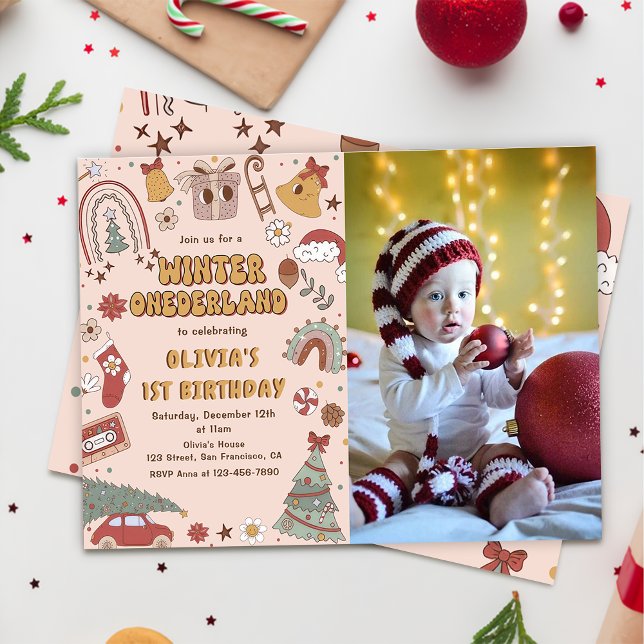 Retro Christmas Winter Onederland Birthday Photo Invitation (Creator Uploaded)