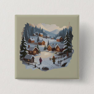 Retro Christmas Winter Village 90s Mountains Trees 15 Cm Square Badge