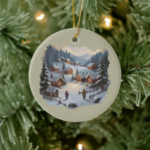 Retro Christmas Winter Village 90s Mountains Trees Ceramic Ornament