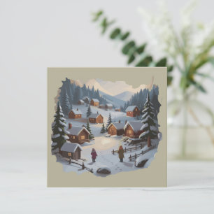 Retro Christmas Winter Village 90s Mountains Trees Holiday Card
