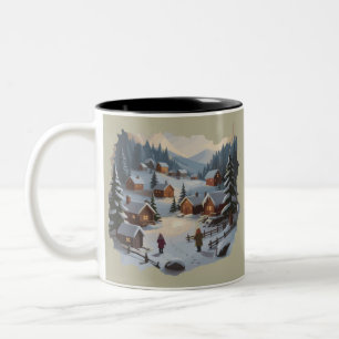 Retro Christmas Winter Village 90s Mountains Trees Two-Tone Coffee Mug