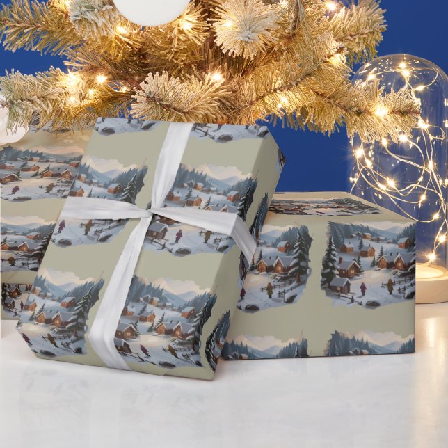 Retro Christmas Winter Village 90s Mountains Trees Wrapping Paper (Holidays)