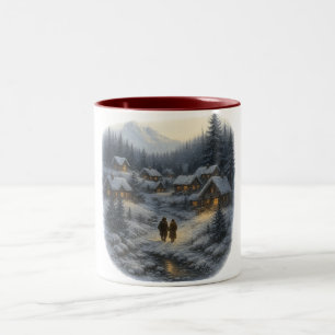 Retro Christmas Winter Village Mountain Pine Trees Two-Tone Coffee Mug