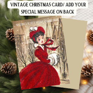 Retro Christmas Woman in Red Holiday Card