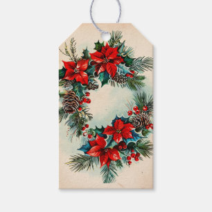Retro Christmas Wreath with Pine Cones Gift Tags