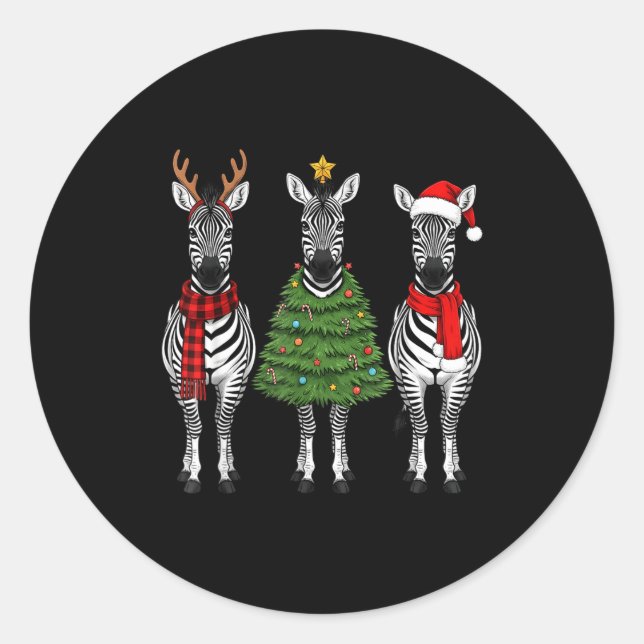 Retro Christmas Zebra Santa Reindeer Safari Animal Classic Round Sticker (Front)