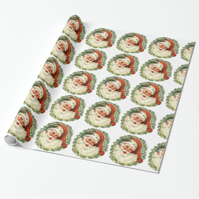 Retro Chubby Santa Wreath Holiday Gift Wrapping Wrapping Paper (Unrolled)
