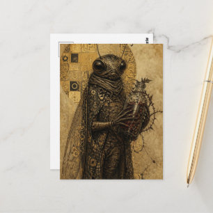 retro cicada insect holds a bottle bramble wrapped postcard