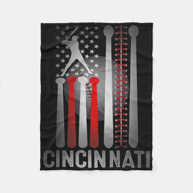 Retro Cincinnati American Flag Distressed Baseball Fleece Blanket (Front)