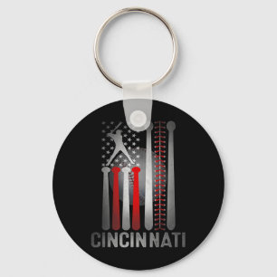 Retro Cincinnati American Flag Distressed Baseball Key Ring