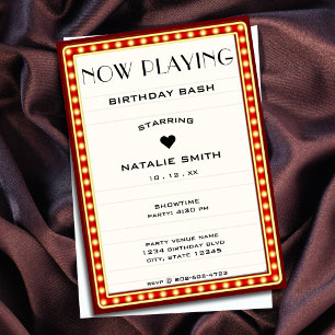 Retro Cinema Theatre Marquee Sign Red Birthday Invitation