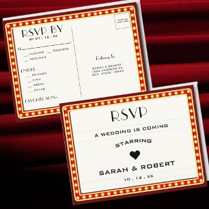 Retro Cinema Theatre Marquee Sign Red Wedding RSVP Postcard