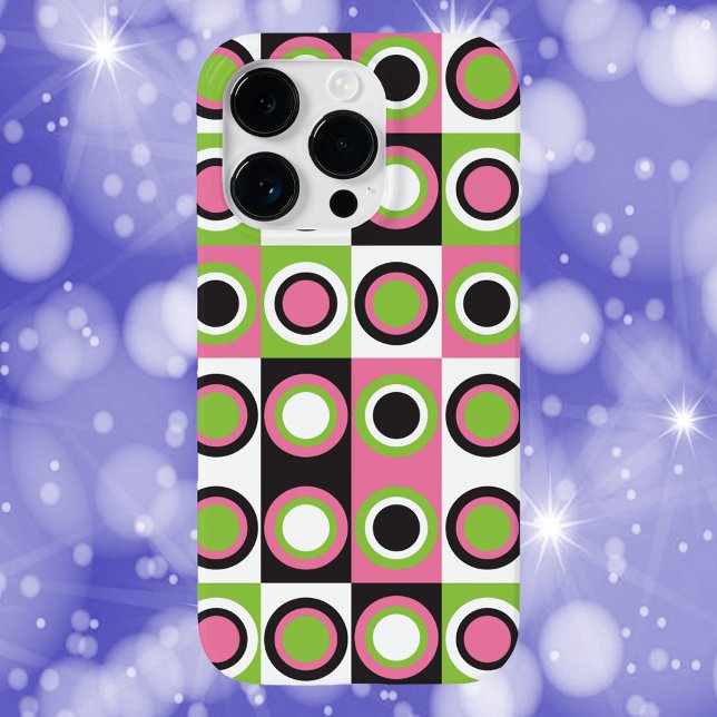 Retro Circle Pattern Pink Black White Green Case-Mate iPhone Case (A cell phone case with a retro pattern of pink, green, black and white circles.)