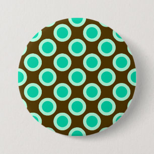 Retro circled dots, brown and turquoise 7.5 cm round badge