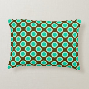 Retro circled dots, brown and turquoise decorative cushion