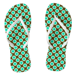 Retro circled dots, brown and turquoise thongs