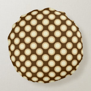 Retro circled dots, chocolate, cream and tan round cushion