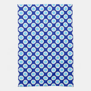 Retro circled dots, cobalt blue and white tea towel