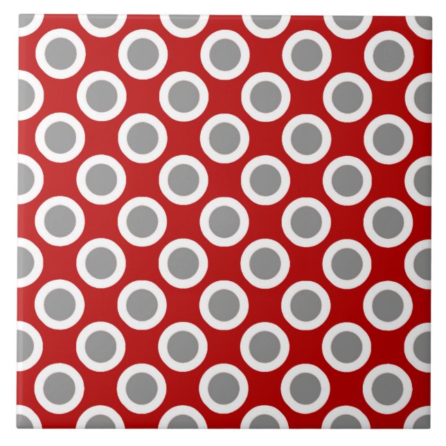 Retro circled dots, deep red and grey ceramic tile (Front)