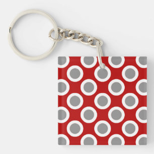 Retro circled dots, deep red and grey key ring